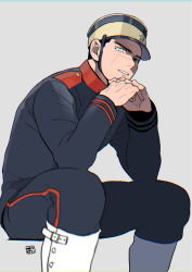 Rule 34 | 1boy, alternate costume, black hair, collar, collared jacket, commentary request, eyebrows, facial scar, gaiters, golden kamuy, grey background, grey hat, grey jacket, grey pants, hat, imperial japanese army, jacket, kepi, light, long sleeves, looking at viewer, male focus, military, military hat, military uniform, onnomono, own hands together, pants, parted lips, scar, scar on cheek, scar on face, scar on mouth, scar on nose, shadow, short hair, simple background, sitting, smile, solo, star (symbol), sugimoto saichi, two-tone headwear, uniform, watermark, yellow eyes, yellow hat