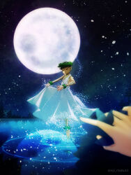 Rule 34 | 1boy, ancient greek clothes, ankleband, blurry, blurry foreground, chiton, collarbone, falling petals, full moon, greco-roman clothes, half-closed eyes, lake, laurel crown, male focus, matsuno choromatsu, moon, night, niji matsu13, osomatsu-san, osomatsu (series), petals, pov, ripples, robe, smile, solo focus, twitter username, white petals, wristband