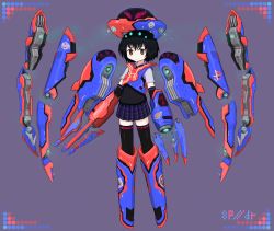 Rule 34 | 1girl, alternate form, arm cannon, black hair, black thighhighs, brown eyes, date2numata, full body, grey background, marvel, mechanical wings, necktie, peni parker, power suit, short hair, simple background, skirt, smile, sp//dr, spider-man: into the spider-verse, spider-man (series), spider-verse, thighhighs, vest, weapon, wings