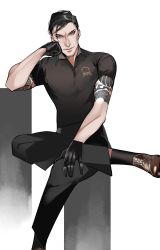 Rule 34 | 1boy, alternate costume, arm tattoo, black eyes, black gloves, black hair, black pants, black shirt, black socks, brown footwear, closed mouth, collared shirt, dragon tail, fate/grand order, fate (series), full body, gloves, hand on own cheek, hand on own face, head rest, highres, looking at viewer, male focus, pants, shiba ten, shirt, shoes, short hair, short sleeves, simple background, sitting, smile, socks, solo, tail, takechi zuizan (fate), tattoo, toned, toned male, white background