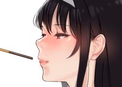 Rule 34 | 1girl, absurdres, black hair, food, from side, hairband, half-closed eyes, highres, kasumigaoka utaha, licking lips, lips, long hair, original, pocky, portrait, red eyes, saenai heroine no sodatekata, simple background, solo, tongue, tongue out, white background, yomu (sgt epper)