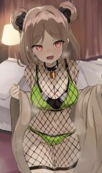 Rule 34 | 1girl, :d, bed, bedroom, bikini, black choker, blanket, breasts, breath, brown hair, choker, cleavage, cowboy shot, double bun, fishnets, girls&#039; frontline, green bikini, hair bun, hair ornament, highres, indoors, lampshade, large breasts, long hair, looking at viewer, navel, official alternate costume, open mouth, p90 (girls&#039; frontline), p90 (the girl from b.e.l) (girls&#039; frontline), red eyes, sabashi, smile, solo, steam, stomach, swimsuit, thighs