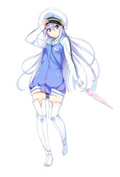 Rule 34 | 10s, 1girl, blue hair, boots, full body, gradient hair, hat, holding, island (game), kuuchuu yousai, light blue hair, long hair, long sleeves, looking at viewer, multicolored hair, neck ribbon, official art, ohara rinne, ribbon, silver hair, simple background, solo, thigh boots, thighhighs, umbrella, white background, white footwear, white thighhighs, yellow eyes, zettai ryouiki