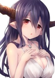 Rule 34 | 10s, 1girl, :o, antenna hair, breast suppress, breasts, cleavage, danua, draph, dress, granblue fantasy, hair between eyes, hands on own chest, head tilt, highres, horn ornament, horns, jewelry, large breasts, long hair, looking at viewer, necklace, pointy ears, purple hair, red eyes, sideboob, simple background, sleeveless, sleeveless dress, solo, u rin, upper body, white background, white dress