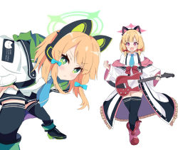 Rule 34 | 2girls, animal ear headphones, animal ears, blonde hair, blue archive, blue necktie, bow, bright pupils, cat ear headphones, cat tail, collared shirt, electric guitar, fake animal ears, green eyes, guitar, hair bow, halo, headphones, hood, hooded jacket, instrument, jacket, looking at viewer, midori (blue archive), momoi (blue archive), multicolored clothes, multicolored jacket, multiple girls, necktie, nintendo switch, open mouth, parted bangs, pink eyes, pleated skirt, plectrum, shirt, shorts, siblings, simple background, sisters, skirt, sumidonzi0120, suspenders, tail, thighhighs, twins, white background, white jacket, wide sleeves