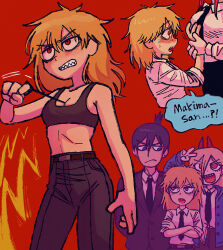 Rule 34 | 1boy, 3girls, absurdres, arms behind back, batrobin k, black hair, black jacket, black necktie, black sports bra, blonde hair, blue eyes, blush, grabbing another&#039;s breast, chainsaw man, collared shirt, cross-shaped pupils, crossed arms, denji (chainsaw man), formal, frown, genderswap, genderswap (mtf), grabbing, guided breast grab, guiding hand, hayakawa aki, height difference, highres, horns, jacket, long hair, makima (chainsaw man), medium hair, messy hair, multiple girls, necktie, open mouth, power (chainsaw man), red background, red eyes, red hair, red horns, sharp teeth, shirt, shirt tucked in, short hair, sidelocks, simple background, sleeves rolled up, sports bra, suit, sweat, symbol-shaped pupils, teeth, topknot, v, white shirt, yellow eyes, yuri