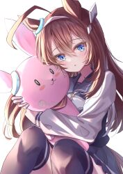 Rule 34 | 1girl, ahoge, animal ears, blue eyes, casual, hair between eyes, hair ornament, headband, highres, horse ears, horse tail, long hair, looking at viewer, mihono bourbon (umamusume), hugging object, open mouth, school uniform, signature, simple background, solo, stuffed animal, stuffed rabbit, stuffed toy, tail, takenaka takeshi, thighhighs, tracen school uniform, umamusume, white background