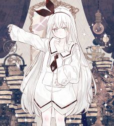 Rule 34 | 1girl, :/, arm up, black bow, black necktie, blue eyes, book, bow, buttons, collarbone, crossed bangs, curtains, dress, globe, gold trim, gradient eyes, gyroscope, hair bow, highres, inuyama riko, knees, light bulb, long hair, looking at viewer, mirror, multicolored eyes, necktie, original, pile of books, solo, sparkle, standing, striped clothes, striped dress, white dress, white hair, yellow eyes