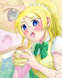 Rule 34 | 1girl, artist name, artist request, ayase eli, blonde hair, blue eyes, blush, bow, bowtie, breasts, burger, close-up, collared shirt, female focus, food, green bow, hair between eyes, hair ornament, hair scrunchie, high ponytail, highres, holding, holding food, long hair, long sleeves, looking at viewer, love live!, love live! school idol project, medium breasts, nail, nail polish, open mouth, otonokizaka school uniform, parted lips, pink nails, pink nails, ponytail, school uniform, scrunchie, shirt, short hair, short sleeves, smile, solo, striped, striped bow, sweater vest, teeth, upper body, v-shaped eyebrows, vest, white scrunchie, white shirt, yellow vest