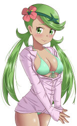 Rule 34 | 1girl, absurdres, bikini, blush, breasts, closed mouth, collarbone, commentary request, cowboy shot, creatures (company), eyelashes, flower, game freak, green bikini, green eyes, green hair, hair flower, hair ornament, headband, highres, jacket, long hair, looking at viewer, maho (corotonton5150), mallow (pokemon), medium breasts, nintendo, own hands together, partially unzipped, pink flower, pink jacket, pokemon, pokemon sm, raised eyebrows, simple background, smile, solo, steepled fingers, swept bangs, swimsuit, swimsuit under clothes, twintails, white background