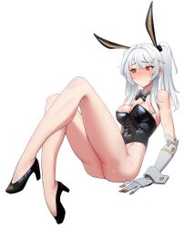 Rule 34 | animal ears, bare arms, bare legs, black bow, black bowtie, black footwear, black leotard, blush, bow, bowtie, breasts, cleavage, detached collar, fake animal ears, grey hair, hair ornament, hairclip, high heels, highres, joints, karenina: scire (punishing: gray raven), karenina (punishing: gray raven), large breasts, leotard, mechanical arms, nyanom, orange eyes, playboy bunny, punishing: gray raven, rabbit ears, robot joints, sidelocks, sweatdrop, twintails, white background, wing collar