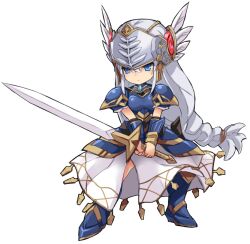 Rule 34 | 1girl, armor, armored boots, blue eyes, blue footwear, boots, braid, breastplate, chibi, closed mouth, feathers, full body, grey hair, hair between eyes, holding, holding sword, holding weapon, karukan (monjya), knee boots, lenneth valkyrie, long hair, looking away, pauldrons, shoulder armor, simple background, skirt, solo, sword, two-handed, valkyrie profile (series), very long hair, visor (armor), weapon, white background, white feathers, white skirt