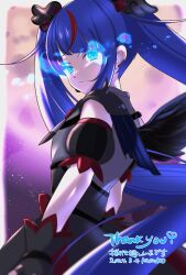Rule 34 | 1girl, artist name, black dress, black gloves, black wings, blue eyes, blue hair, blurry, blurry background, bow, brooch, cape, closed mouth, commentary, corruption, cure sky, cure sky (dark), cut bangs, dark blue hair, dark persona, dated, detached sleeves, dress, dress bow, earclip, earrings, english text, expressionless, fingerless gloves, from side, frown, full moon, gloves, glowing, glowing eyes, grey dress, hair ornament, highres, hirogaru sky! precure, jewelry, kasakasako, long hair, looking at viewer, moon, multicolored hair, precure, puffy detached sleeves, puffy sleeves, purple background, red bow, red hair, signature, single earring, single sidelock, sleeveless, sleeveless dress, solo, sora harewataru, spiked pauldrons, standing, streaked hair, thank you, torn cape, torn clothes, translated, twintails, two-tone dress, two-tone hair, very long hair, wing brooch, wing hair ornament, wings