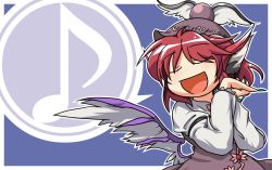 Rule 34 | 1girl, animal ears, dress, closed eyes, female focus, fingernails, hat, iyau, music, musical note, mystia lorelei, nail polish, open mouth, own hands together, red hair, short hair, singing, solo, touhou, wings