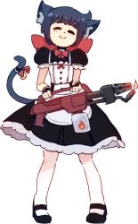 Rule 34 | 1girl, 2020, ^ ^, animal ear fluff, animal ears, bell, black dress, black footwear, black hair, black tail, bow, cat ears, cat girl, cat tail, closed eyes, closed mouth, commentary, constanze amalie von braunschbank-albrechtsberger, dress, english commentary, closed eyes, fire, flamethrower, holding, holding weapon, kemonomimi mode, little witch academia, maid, pantyhose, puffy short sleeves, puffy sleeves, red bow, rtil, shoes, short hair, short sleeves, simple background, smile, solo, tail, tail bell, tail bow, tail ornament, weapon, white background, white pantyhose