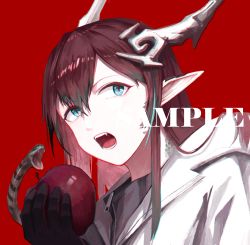 Rule 34 | 1girl, absurdres, arknights, bad id, bad pixiv id, black gloves, blue eyes, demon horns, english text, fangs, food, fruit, gloves, grey shirt, hair between eyes, highres, holding, holding food, holding fruit, horns, jacket, long hair, nine (arknights), open mouth, pointy ears, portrait, red background, red hair, scales, shirt, shr.3v, snake, solo, white jacket