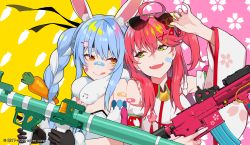 Rule 34 | 2girls, :p, ahoge, animal ear fluff, animal ears, assault rifle, bandaid, bandaid on face, bandaid on nose, blue hair, braid, carrot hair ornament, commentary request, copyright notice, detached sleeves, don-chan (usada pekora), eyewear lift, eyewear on head, food-themed hair ornament, fur-trimmed gloves, fur trim, gloves, green eyes, gun, h&amp;k hk416, hair between eyes, hair ornament, holding, holding gun, holding weapon, hololive, lam (ramdayo), long hair, looking at another, man-portable anti-tank systems, medium hair, multiple girls, official art, open mouth, orange eyes, pink hair, portrait, rabbit ears, rifle, rocket launcher, rpg, rpg-7, rpg (weapon), sakura miko, sakura miko (1st costume), sunglasses, thick eyebrows, tongue, tongue out, trigger discipline, twin braids, usada pekora, usada pekora (1st costume), virtual youtuber, watermark, weapon