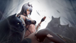 Rule 34 | 1girl, absurdres, alcohol, animal, animal ear fluff, animal ears, arknights, artist name, bare shoulders, black gloves, black thighhighs, breasts, cat ears, cat girl, character name, collar, cup, drinking glass, english text, engrish text, gloves, hair between eyes, harness, highres, holding, holding cup, linea alba, lips, medium breasts, navel, panther, qinzeduomexiong, ranguage, schwarz (arknights), see-through, see-through sleeves, sidelocks, signature, silver hair, sitting, skindentation, solo, sunglasses on head, tattoo, thighhighs, toned, torn clothes, torn thighhighs, wine, wine glass, yellow eyes