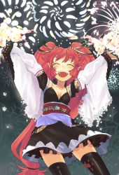 Rule 34 | :d, aerial fireworks, aki (mare desiderii), arms up, black thighhighs, dress, closed eyes, fireworks, happy, long hair, o/, open mouth, original, outstretched arms, red hair, smile, solo, thighhighs, twintails, very long hair, wide sleeves, zettai ryouiki