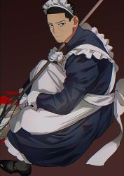 Rule 34 | alternate costume, bad id, bad twitter id, black footwear, blood, blood on face, brown background, buzz cut, enmaided, facial hair, gloves, golden kamuy, invisible chair, maid, maid headdress, male focus, short hair, sitting, stubble, tr (lauralauraluara), tsukishima hajime, very short hair, white gloves