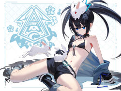 Rule 34 | 1girl, 2023, animal, animal on head, bikini, bikini top only, black bikini, black footwear, black gloves, black hair, black jacket, black rock shooter, black rock shooter (character), black shorts, blue eyes, boots, breasts, chinese zodiac, commentary request, cross-laced footwear, gloves, hair between eyes, jacket, lace-up boots, long hair, long sleeves, navel, off shoulder, on head, open clothes, open jacket, rabbit, red eyes, scottie (phantom2), short shorts, shorts, sleeves past wrists, small breasts, solo, star-shaped pupils, star (symbol), swimsuit, symbol-shaped pupils, twintails, uneven twintails, very long hair, year of the rabbit