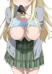 Rule 34 | 1girl, arms behind back, black necktie, blonde hair, blue bra, blush, boku wa tomodachi ga sukunai, bow, bow bra, bra, bra lift, breasts, breasts out, brown shirt, cardigan, collared shirt, commentary request, cowboy shot, frilled skirt, frills, green skirt, grey cardigan, hanging breasts, head out of frame, highres, kashiwazaki sena, large breasts, leaning forward, long hair, morisobo, mouth hold, necktie, nipples, open cardigan, open clothes, open shirt, plaid, plaid skirt, pleated skirt, school uniform, shirt, simple background, skirt, solo, st. chronica academy school uniform, standing, sweat, underwear, very long hair, white background