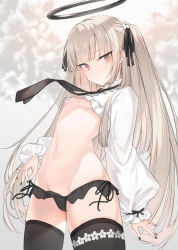 Rule 34 | 1girl, black halo, black nails, black necktie, black panties, black ribbon, black thighhighs, breasts, closed mouth, commentary, cowboy shot, crop top, dark halo, flower, groin, hair flower, hair ornament, hair ribbon, halo, highres, koga taiga, long hair, long sleeves, looking at viewer, nail polish, navel, necktie, no bra, original, panties, puffy long sleeves, puffy sleeves, red eyes, ribbon, shirt, side-tie panties, skindentation, slit pupils, small breasts, solo, standing, stomach, symbol-only commentary, thighhighs, two side up, underboob, underwear, upshirt, very long hair, white hair, white shirt