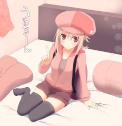 Rule 34 | 10s, 1girl, arm support, blonde hair, brown eyes, cabbie hat, doma umaru, hat, himouto! umaru-chan, hood, hoodie, index finger raised, kujiran, long hair, on bed, pillow, smile, solo, thighhighs
