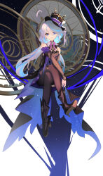 Rule 34 | 1girl, absurdres, ahoge, alternate costume, black nails, black pantyhose, blue eyes, boots, bow, bowtie, breasts, colored inner hair, commentary request, cosplay, crossed legs, detached sleeves, drop-shaped pupils, fischl (genshin impact), fischl (genshin impact) (cosplay), furina (genshin impact), genshin impact, hair between eyes, hat, heterochromia, high heel boots, high heels, highres, long hair, long sleeves, looking at viewer, low twintails, medium hair, mismatched pupils, multicolored hair, nail polish, pantyhose, parted lips, purple bow, purple bowtie, qixia, simple background, sitting, small breasts, solo, streaked hair, symbol-shaped pupils, top hat, twintails, two-tone hair, white hair