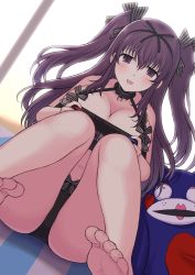 Rule 34 | 1girl, bikini, black bikini, breasts, cameltoe, cleavage, cleavage cutout, clothing cutout, feet, hair ribbon, highres, knees together feet apart, knees up, legs, legs together, long hair, looking at viewer, murasaki (senran kagura), nintendo switch, on floor, open mouth, perapera, playing games, purple eyes, purple hair, ribbon, senran kagura, sitting, soles, swimsuit, thick thighs, thighs, toenails, toes, twintails