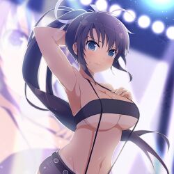 1girl alternate_costume arm_behind_head armpits blue_eyes breasts cleavage embarrassed hand_on_own_chest highres homura_(senran_kagura) large_breasts looking_at_viewer midriff navel ponytail senran_kagura shorts solo strapless suspenders tan tanline tube_top underboob