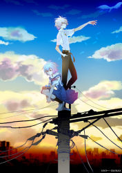 Rule 34 | 1boy, 1girl, ayanami rei, belt, bird, blue hair, cloud, egg, electrical pole, feathers, gainax, gainaxtop, nagisa kaworu, neon genesis evangelion, official art, on top of pole, outstretched arm, power lines, profile, red eyes, school uniform, sky, skyline, squatting, standing, sunset, utility pole, white hair, wire