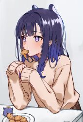 Rule 34 | 1girl, alternate costume, blue background, blunt bangs, blush, breasts, brown skirt, brown sweater, commentary, cookie, eating, elbow rest, food, halo, highres, hololive, hololive english, long hair, looking at viewer, mouth hold, ninomae ina&#039;nis, orinte, own hands together, plaid, plaid skirt, plate, pointy ears, purple eyes, purple hair, sidelocks, simple background, skirt, sleeves past wrists, small breasts, sweater, table, takodachi (ninomae ina&#039;nis), twitter username, upper body, virtual youtuber