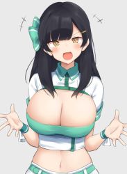 Rule 34 | 1girl, annoyed, belt, black hair, blush, bow, breasts, character request, cleavage, cleavage cutout, clothing cutout, green belt, green bow, hair ornament, highres, large breasts, long hair, looking at viewer, mukuba, open mouth, original, skirt, solo, tagme, yellow eyes