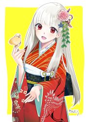 Rule 34 | 1girl, artist name, bird, blush, cowboy shot, flower, hair flower, hair ornament, han&#039;eri, hime cut, japanese clothes, kimono, looking at viewer, mo253, obi, open mouth, original, outside border, red eyes, sash, solo, standing, two-tone background, white hair, wide sleeves