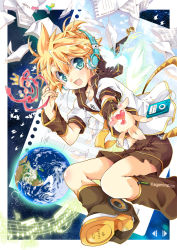 Rule 34 | 1boy, 96mame, :d, aqua eyes, bad id, bad pixiv id, bird, blonde hair, crown, full body, globe, happy, headphones, kagamine len, leg warmers, male focus, musical note, open mouth, outstretched hand, paper, planet, ribbon, sailor collar, shorts, smile, solo, star (symbol), vocaloid, wings