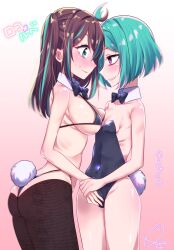 Rule 34 | 1futa, 1girl, ahoge, akoya matama, anemo nemo, ass, asymmetrical docking, bikini, black bikini, black bow, black bowtie, black leotard, black pantyhose, blush, bow, bowtie, breast press, breasts, brown hair, bulge, closed mouth, collar, covered navel, erection, erection under clothes, fake tail, feet out of frame, from side, full-face blush, futa with female, futanari, green eyes, groin, highres, large breasts, leotard, lips, long hair, looking at another, mahou shoujo ni akogarete, multicolored hair, multiple girls, open mouth, pantyhose, penis grab, pink background, playboy bunny, purple eyes, rabbit tail, rinne (mizunosato), sharp teeth, shiny skin, short hair, sideboob, simple background, small breasts, streaked hair, sweat, swimsuit, tail, teeth, white collar