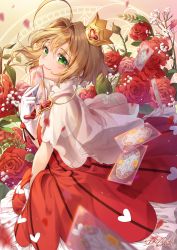 Rule 34 | 1girl, ahoge, blush, brown hair, card, cardcaptor sakura, commentary request, crown, dress, flower, from side, gloves, green eyes, heart, highres, ika (4801055), kinomoto sakura, looking at viewer, magical girl, playing card, red dress, red flower, red rose, rose, short hair, smile, solo, tears, white gloves