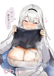 Rule 34 | 1girl, areola slip, black headband, blush, breasts, cape, chest strap, cleavage, clothes lift, commentary, covered erect nipples, dress, flower, grey hair, grin, hair between eyes, hair flower, hair ornament, hakase fuyuki, hakase fuyuki (8th costume), headband, heart, heavy breathing, highres, i kitsugi, large areolae, large breasts, long hair, looking at viewer, nijisanji, no pupils, official alternate costume, official alternate hairstyle, red eyes, see-through, see-through cleavage, simple background, smile, solo, sound effects, speech bubble, steaming body, sweat, translated, virtual youtuber, white background, white dress
