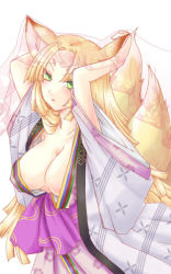 Rule 34 | 1girl, animal ears, blonde hair, breasts, cleavage, fox ears, green eyes, hikimayu, inari, japanese clothes, kimono, large breasts, loose clothes, multiple tails, omachi, rance (series), sengoku rance, tail, underboob