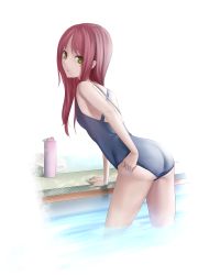 Rule 34 | 1girl, adjusting clothes, adjusting swimsuit, ass, bad id, bad pixiv id, brown eyes, from behind, highres, leaning forward, long hair, looking at viewer, looking back, maco (wondermind), one-piece swimsuit, original, pool, poolside, red hair, school swimsuit, solo, swimsuit, thermos, wading, water, yellow eyes