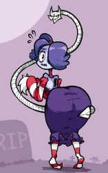 Rule 34 | 1girl, ass, blue hair, blue skin, colored skin, gountro, hair over one eye, leviathan (skullgirls), long sleeves, looking back, open mouth, ponytail, red eyes, side ponytail, skullgirls, solo, squigly (skullgirls), striped, sweatdrop, yellow eyes, zombie