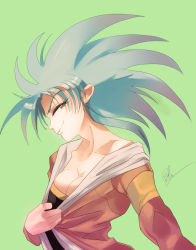Rule 34 | 1girl, blue hair, breasts, cleavage, clothes pull, collarbone, earrings, eyelashes, jewelry, phillock, ryouko (tenchi muyou!), shirt pull, slit pupils, smirk, solo, spiked hair, tenchi muyou!, yellow eyes
