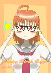 Rule 34 | 1girl, adjusting glasses, artist name, artist request, bespectacled, blush, bow, braid, breasts, clover hair ornament, collarbone, detached sleeves, female focus, glasses, grey sailor collar, hair bow, hair ornament, hairclip, highres, long sleeves, looking at viewer, love live!, love live! sunshine!!, medium breasts, orange background, orange hair, parted lips, red eyes, red neckwear, ribbon, sailor collar, school uniform, shirt, short hair, short sleeves, side braid, single braid, smile, solo, star (symbol), takami chika, tie clip, upper body, uranohoshi school uniform, white shirt, yellow bow