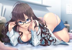Rule 34 | 10s, 1girl, ass, bespectacled, blue eyes, breasts, brown hair, butt crack, cleavage, clothes pull, glasses, highres, ichinose shiki, idolmaster, idolmaster cinderella girls, large breasts, long hair, looking at viewer, nishinomiya suzu, panties, smile, solo, underwear