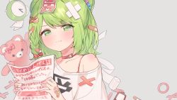 Rule 34 | 1girl, :t, absurdres, alarm clock, bandaged fingers, bandages, bandaid, bandaid on hand, bare shoulders, bear hair ornament, blush, bow, braid, choker, clock, closed mouth, collarbone, commentary request, crossed bandaids, double bun, green eyes, green hair, hair bow, hair ornament, hairclip, highres, holding, kanase (mcbrwn18), looking at viewer, morinaka kazaki, nail polish, nijisanji, off shoulder, pink nails, pout, red bow, red choker, shirt, solo, stuffed animal, stuffed toy, tears, teddy bear, upper body, virtual youtuber, white shirt, x hair ornament
