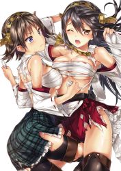 Rule 34 | &gt;:(, 10s, 2girls, ;o, black hair, black legwear, blush, boots, breasts, brown eyes, brown hair, cleavage, detached sleeves, fingernails, frilled skirt, frills, frown, haruna (kancolle), headgear, hiei (kancolle), hisasi, kantai collection, large breasts, long fingernails, long hair, multiple girls, one eye closed, open mouth, pantyhose, plaid, plaid skirt, ribbon-trimmed sleeves, ribbon trim, sarashi, short hair, simple background, skindentation, skirt, sweat, thigh boots, thighhighs, tongue, torn clothes, torn legwear, torn skirt, v-shaped eyebrows, white background, wince, yuri