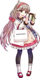 Rule 34 | 1girl, acea4, bag, black pantyhose, blush, box, dolphin, dress, frilled dress, frills, gift, gift box, hairband, holding, kantai collection, light brown hair, long hair, long sleeves, mikura (kancolle), mitsukoshi (department store), official art, open mouth, pantyhose, red footwear, red hairband, ribbon, shopping bag, socks over pantyhose, solo, transparent background, twintails, white pantyhose