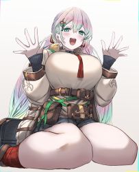 Rule 34 | 1girl, belt, belt buckle, belt pouch, blush, breasts, buckle, cupitan (granblue fantasy), ganesagi, gradient hair, granblue fantasy, green eyes, green hair, hair between eyes, highres, large breasts, long hair, long sleeves, looking at viewer, multicolored hair, open mouth, pouch, simple background, sitting, skirt, solo, teeth, thighs, tongue, twintails, two-tone hair, wariza, white background