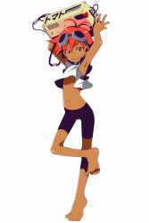 Rule 34 | 1girl, absurdres, androgynous, antenna hair, armpits, arms up, barefoot, bike shorts, black shorts, brown eyes, carrying overhead, closed mouth, clothes lift, computer, cowboy bebop, crop top, dark-skinned female, dark skin, edward wong hau pepelu tivrusky iv, feet, full body, goggles, goggles on head, highres, looking at viewer, loose clothes, loose shirt, midriff, navel, nordendorf, object on head, red hair, shirt, shirt lift, short hair, shorts, simple background, skinny, sleeveless, smile, solo, spread fingers, standing, standing on one leg, tank top, thigh gap, tiptoes, toes, tomboy, translated, white background, white tank top